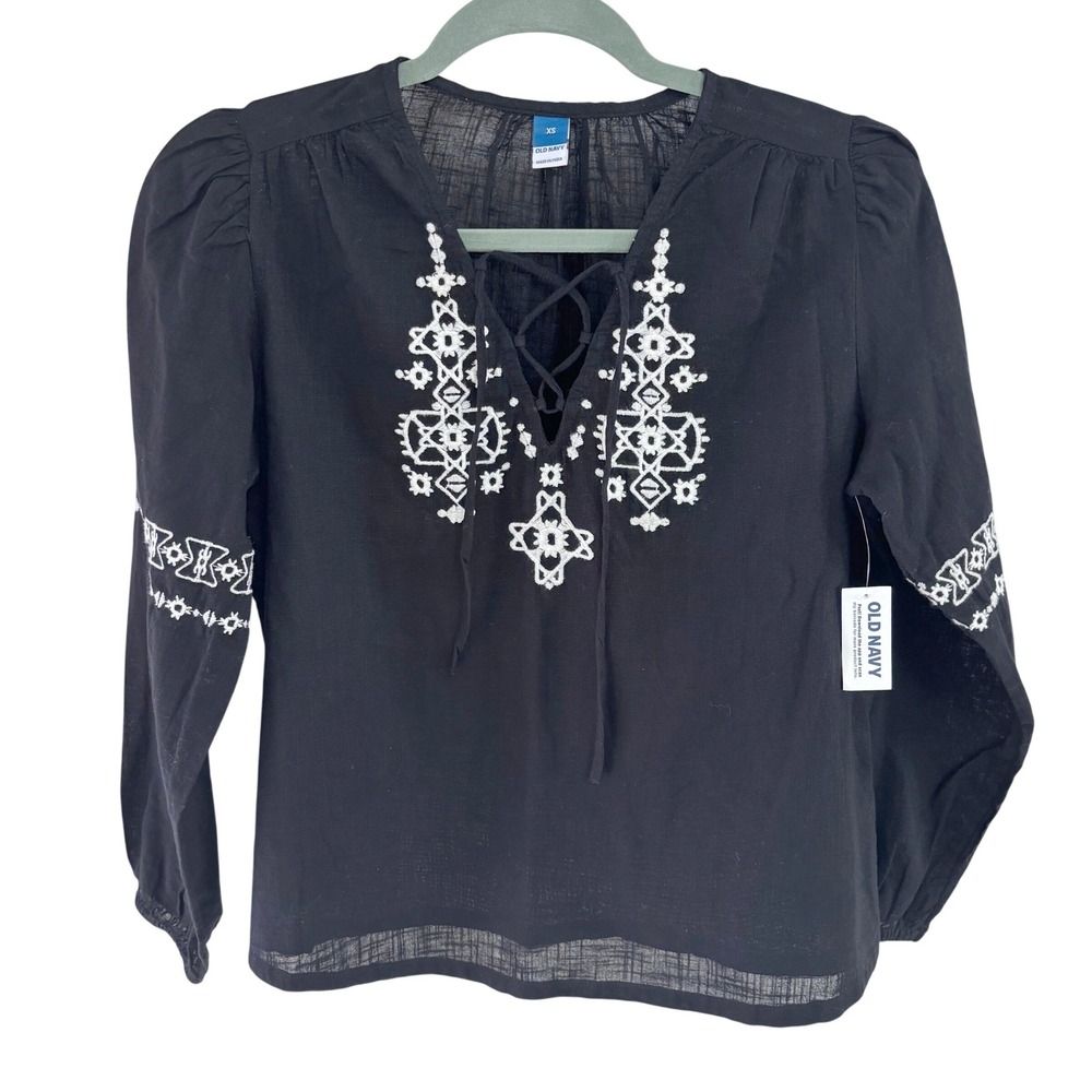 Old Navy Wms XS Black Embroidered Lace Up Peasant Blouse Boho Puff Sleeve NWT